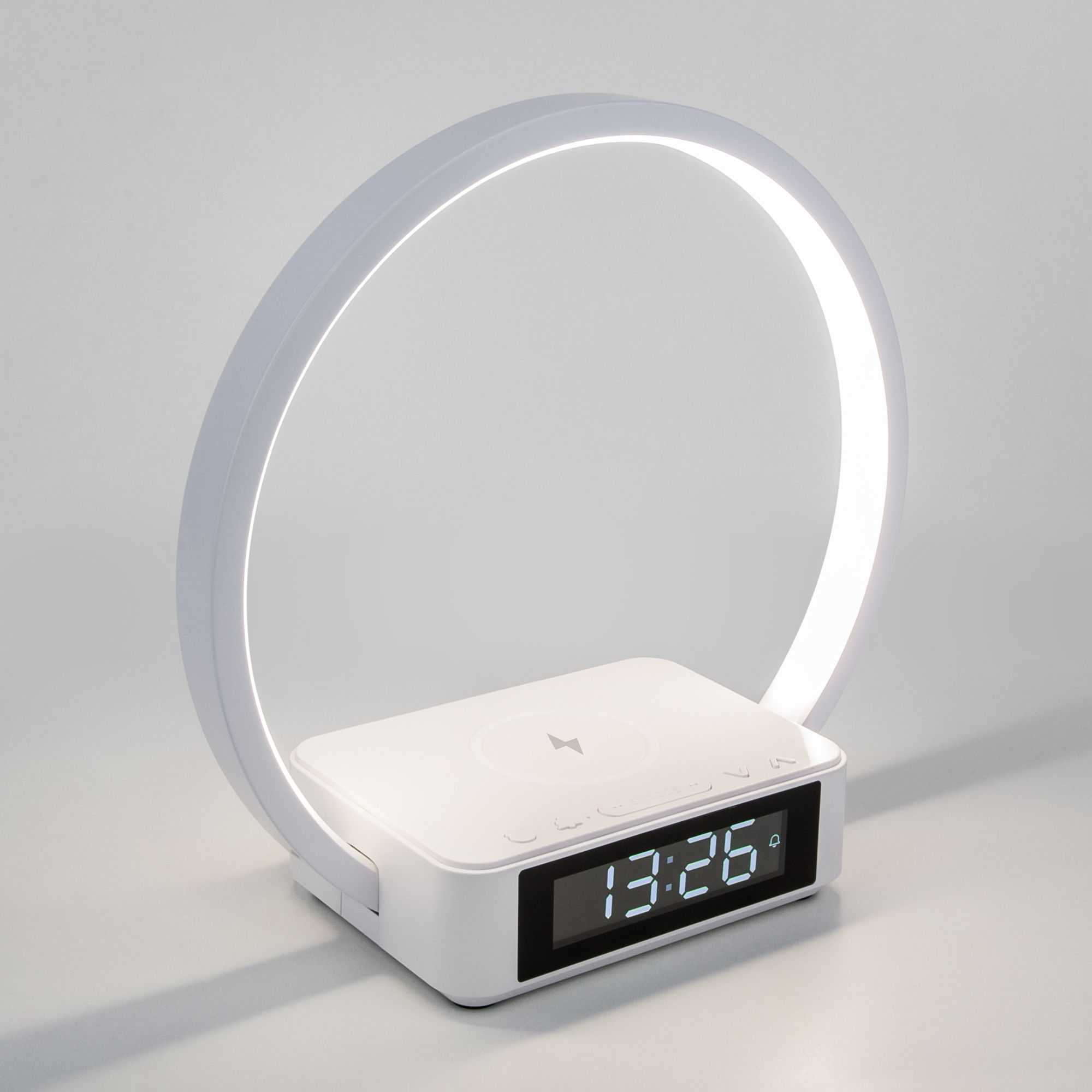 Настольный светодиодный светильник с беспроводной зарядкой и будильником Eurosvet Timelight 80505/1 белый. Фото 1